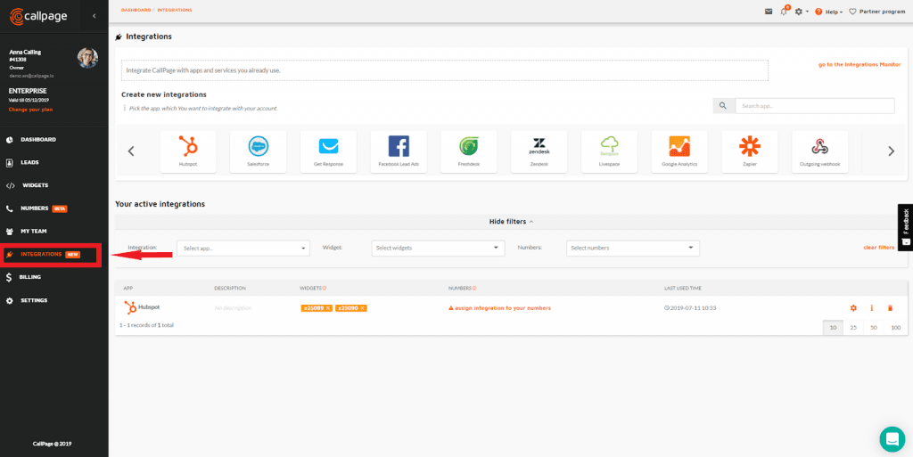 CallPage Dashboard Integrations