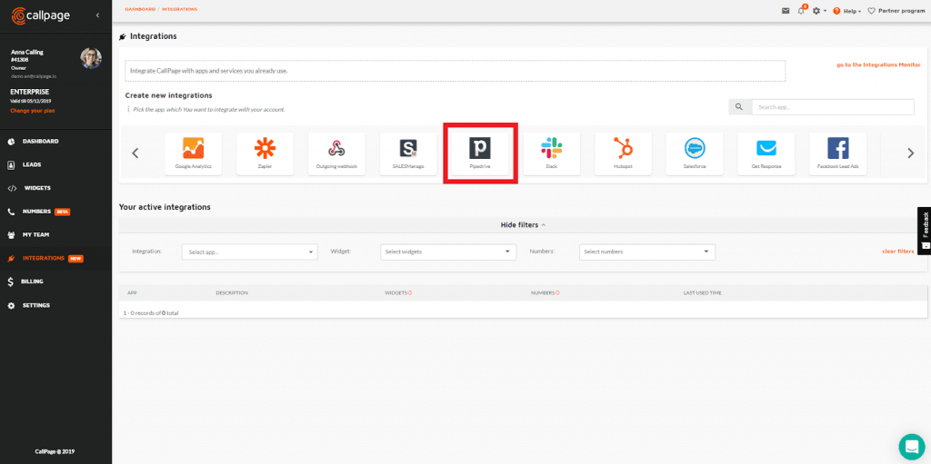 CallPage Dashboard Integration to pipedrive