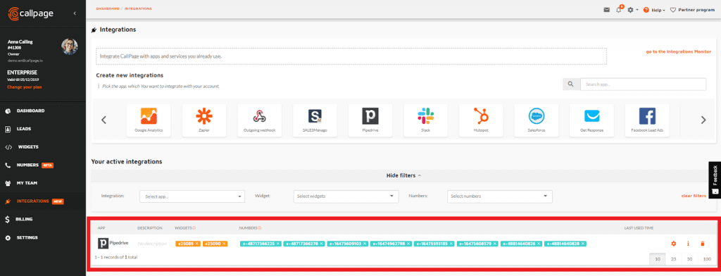 CallPage + Pipedrive dashboard