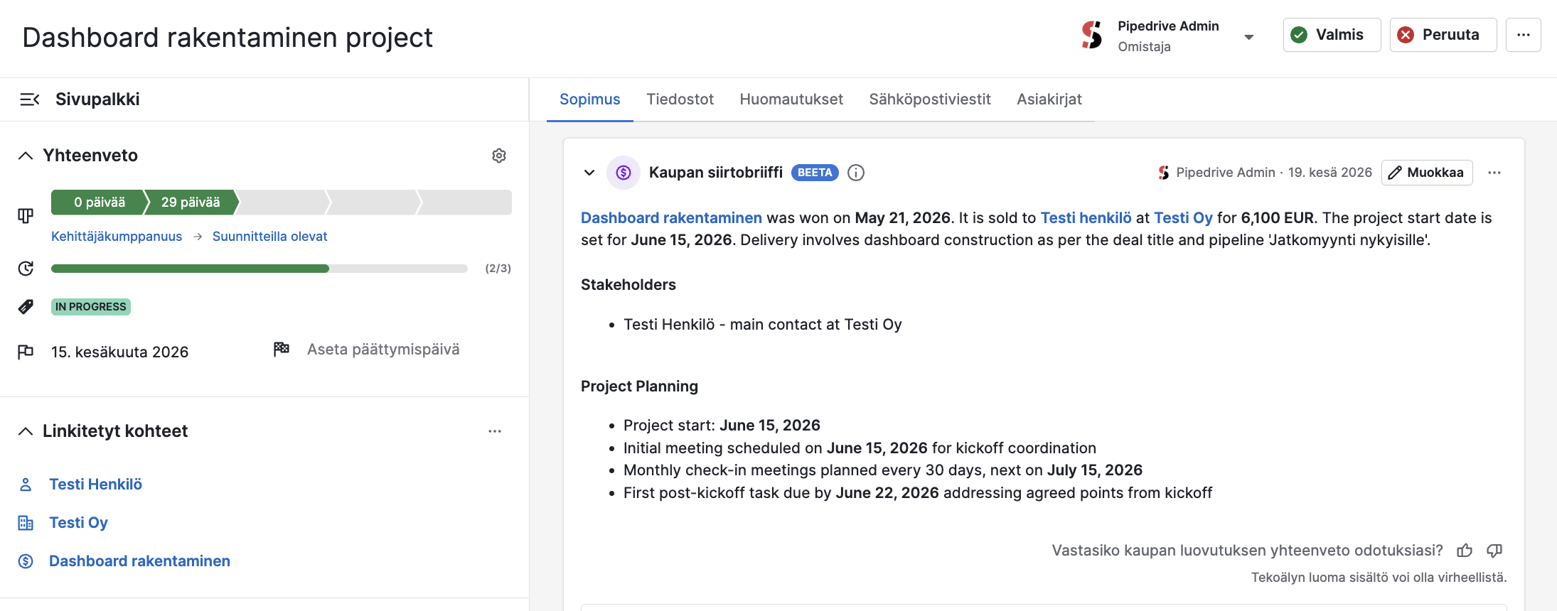 Pipedrive Projektit Projektit voidaan rakentaa vaiheisiin, joiden sisälle luodaan tehtäviä, alitehtäviä ja virstanpylväitä